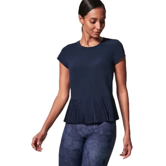 Spanx Yes Pleats Pleated Hem Tee Women Medium Navy Blue Excellent Short Sleeve - Picture 2 of 9